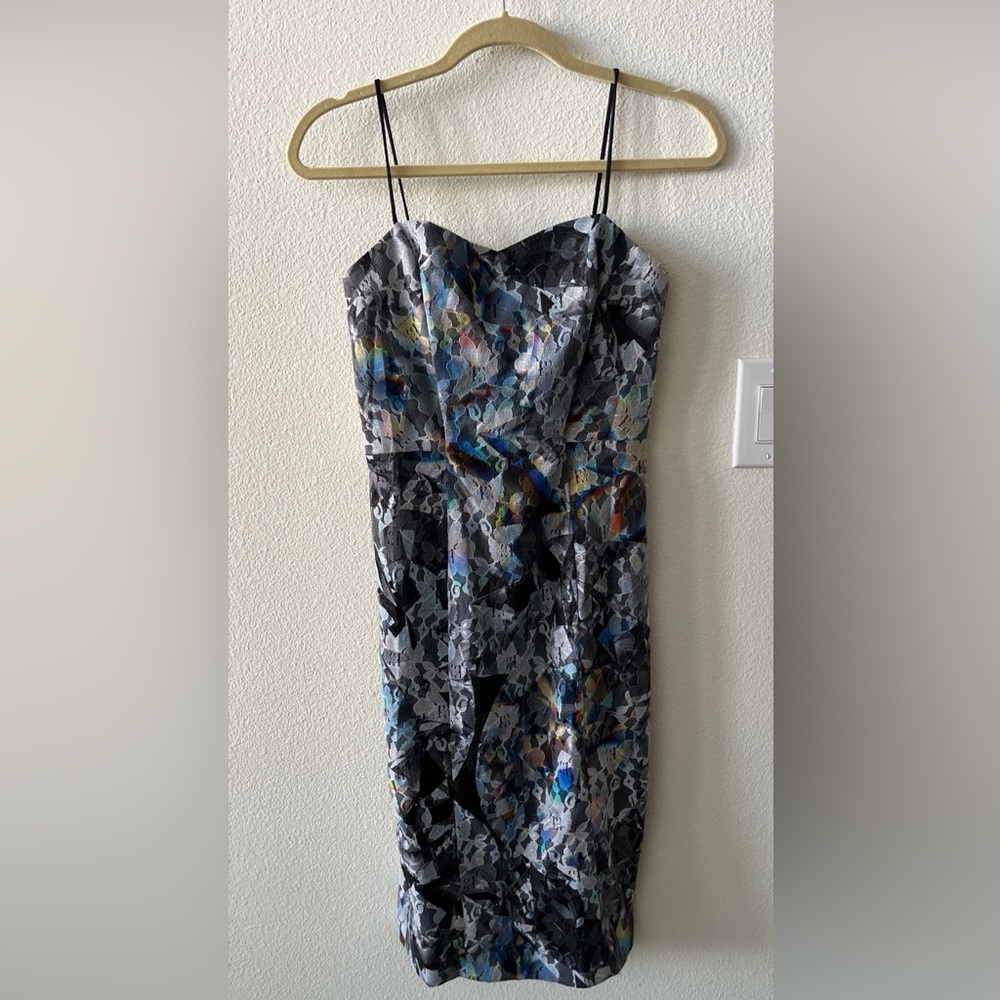 black halo kaleidoscope print lace dress
